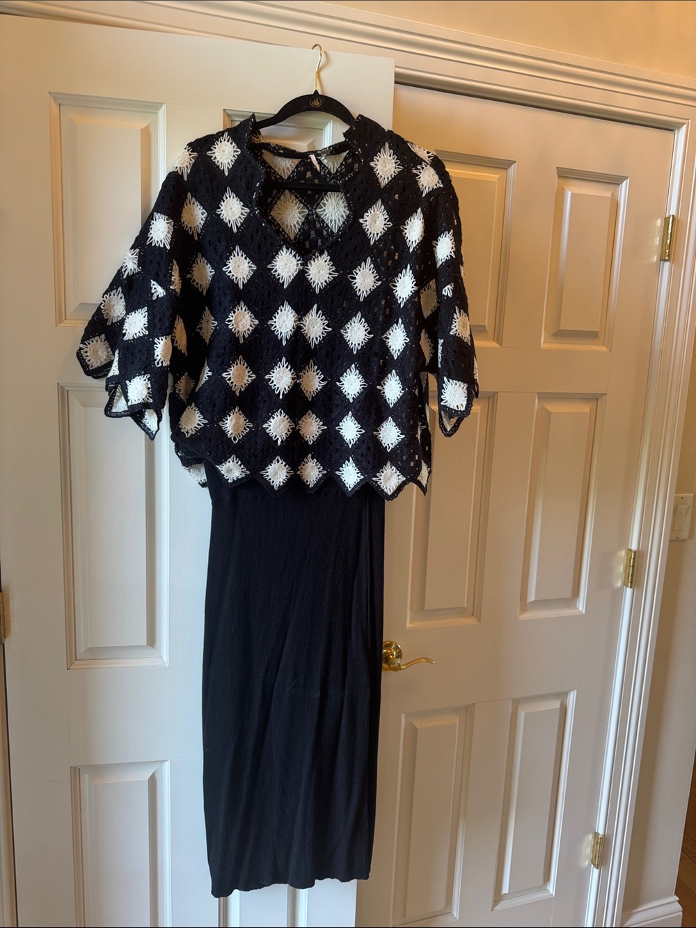Free People Black and Cream Crochet Sweater and knit skirt. 2 pieces